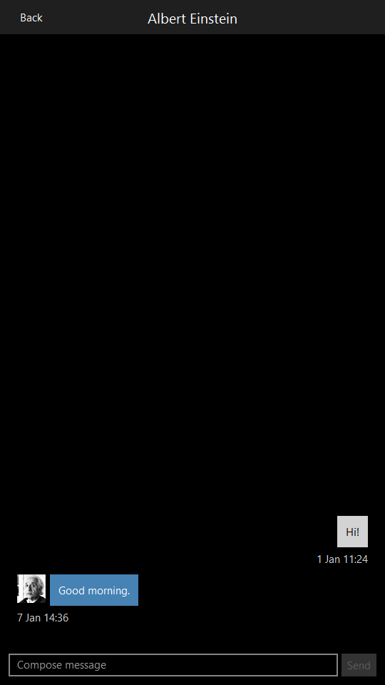 Página de conversación con estilo Universal en tema oscuro