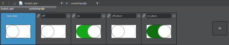 Qt Quick Designer muestra los estados y propiedades de las palancas de conmutación