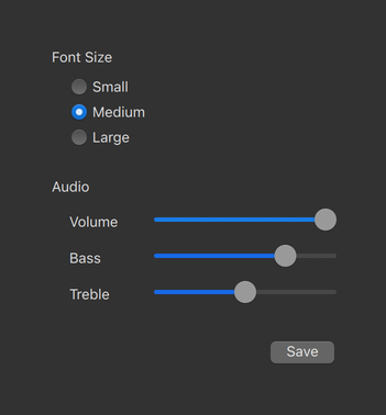 Galería de controles en el tema oscuro estilo macOS