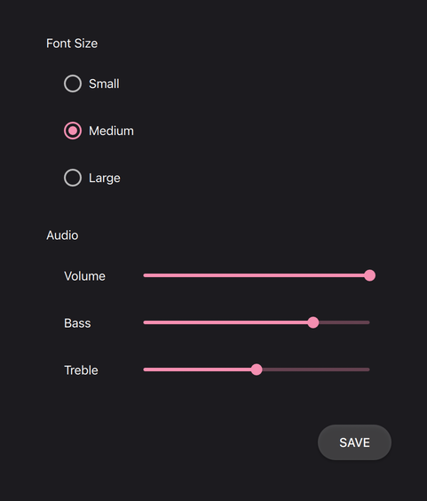 Galería de controles en el tema oscuro Material Style