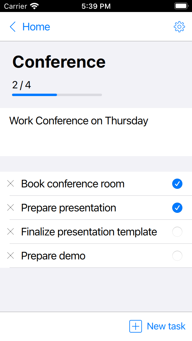 Aplicación de lista de tareas pendientes con estilo iOS que muestra los elementos de la tarea