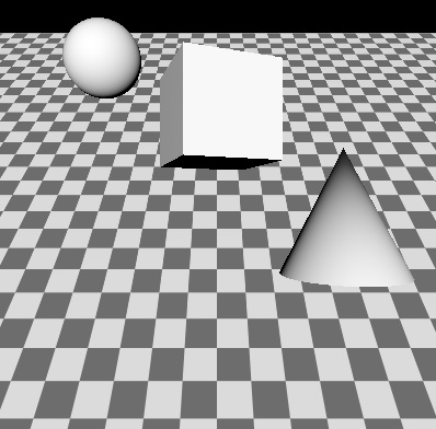 Escena de referencia con esfera, cono y cubo