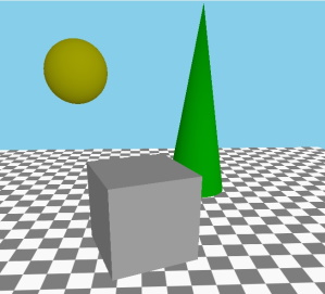Escena con esfera, cono y cubo sin efecto de postprocesado