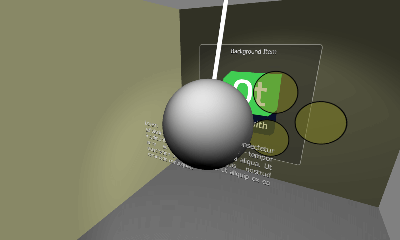 Esfera 3D con elementos 2D en capas, incluidos el logotipo y el texto de Qt.