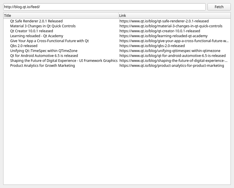 La aplicación obtiene información de la URL especificada, en este caso, Qt Blog, y a continuación analiza los datos XML disponibles