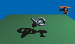 Escena renderizada en 3D que muestra un nudo metálico planeando sobre un avión verde y un avión naranja volando al fondo. Escena renderizada en 3D que muestra un nudo metálico planeando sobre un avión verde y un avión naranja volando al fondo.