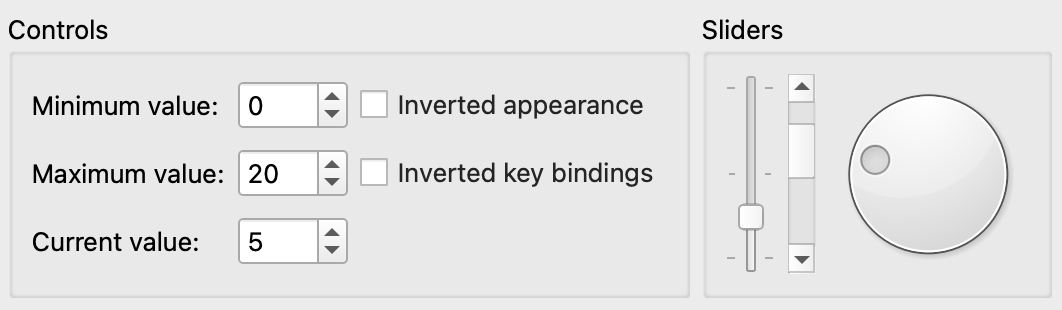 Galería de diferentes controles deslizantes, barras de desplazamiento y diales