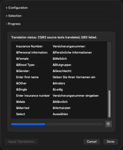 Captura de pantalla del cuadro de diálogo de traducción de Qt Linguist AI - Progreso