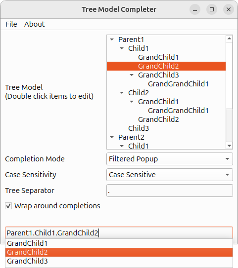 Visualización de un modelo de árbol y diversas opciones para el completador Visualización de un modelo de árbol y diversas opciones para el completador