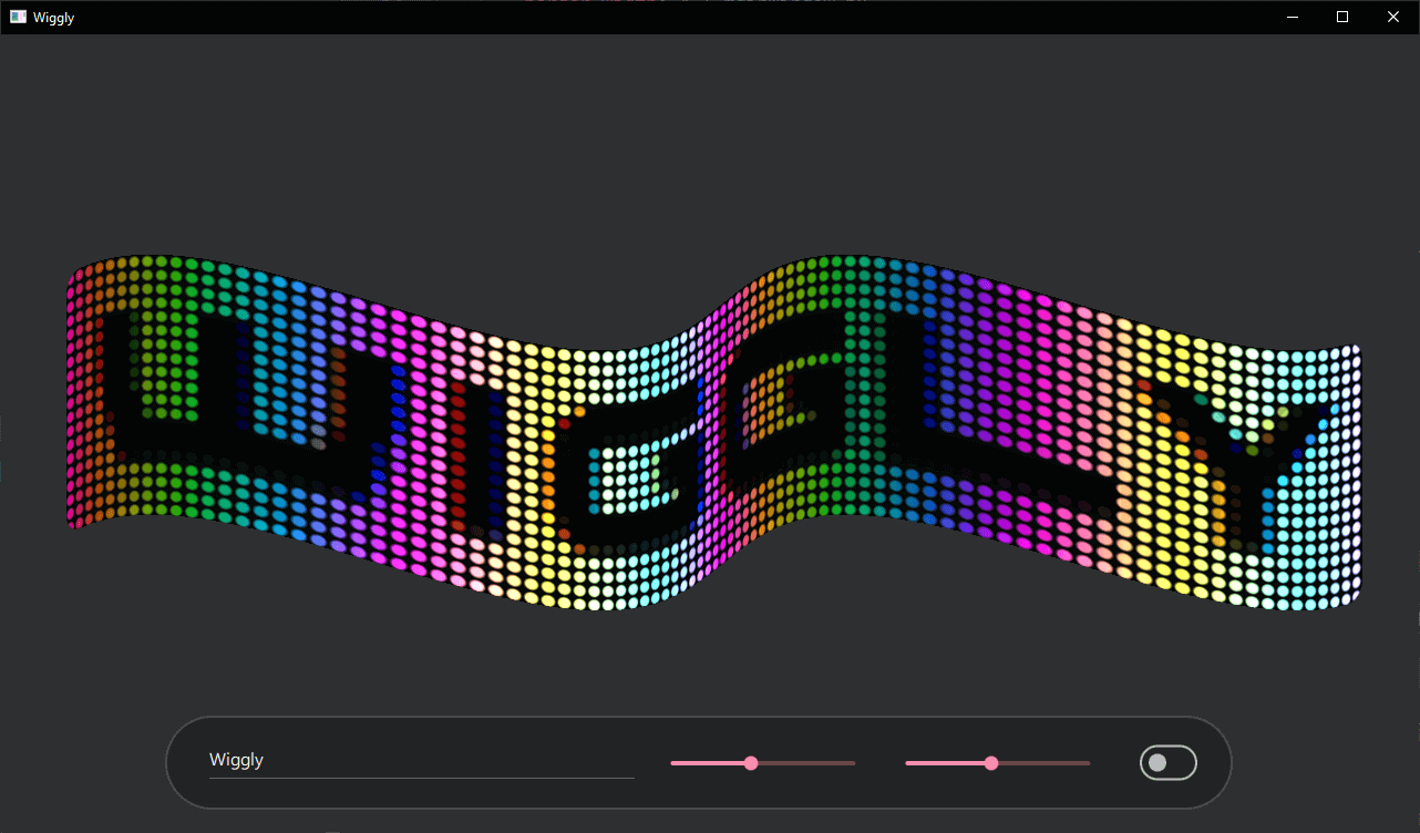Texto ondulado con efecto de pantalla LED que muestra un patrón de puntos de colores Texto ondulado con efecto de pantalla LED que muestra un patrón de puntos de colores