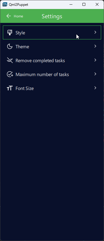 Interface de paramétrage du thème sombre