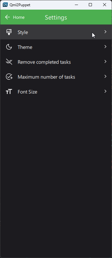 Interface de paramétrage du thème Dark Material