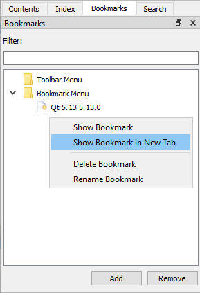 Capture d'écran montrant le menu des signets de Qt Assistant pour sauvegarder la documentation