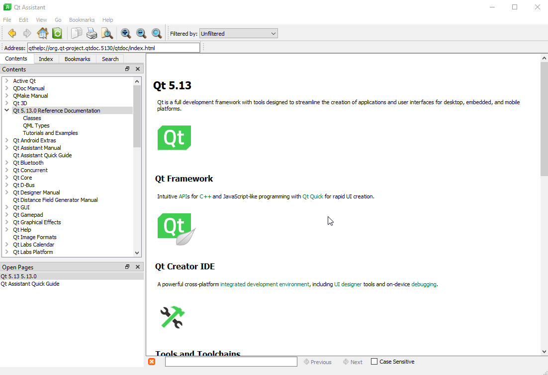 Capture d'écran de Qt Assistant montrant les widgets pour la documentation