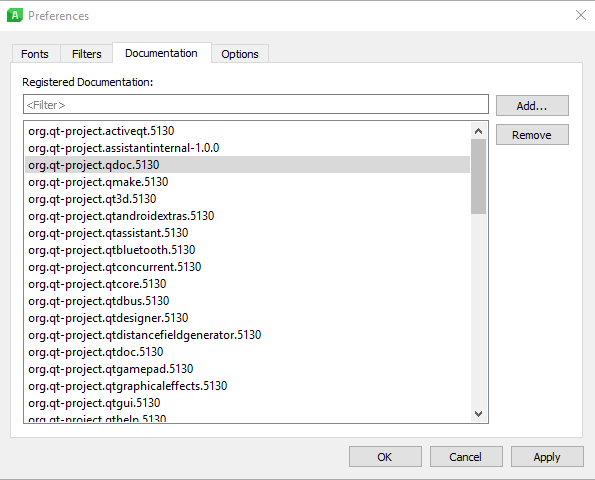 Capture d'écran montrant le menu de préférences de Qt Assistant pour ajouter ou supprimer à la liste de documentation.