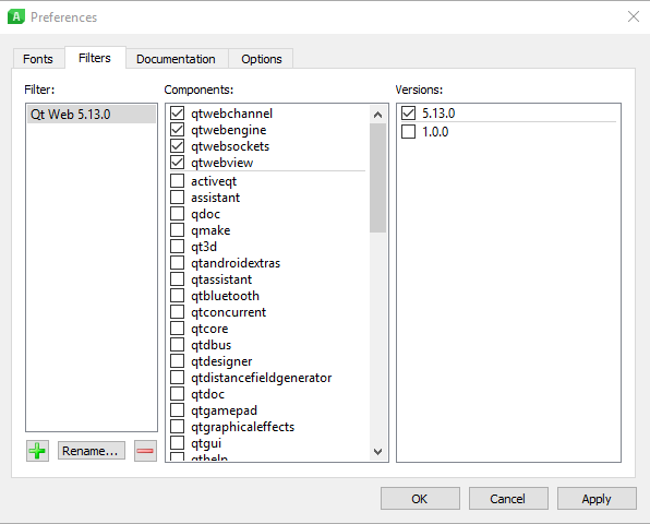 Capture d'écran montrant le menu de préférences du Qt Assistant permettant de filtrer les catégories à afficher.