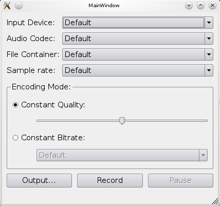 Panneau de configuration pour choisir l'entrée audio, le codec et le type de format