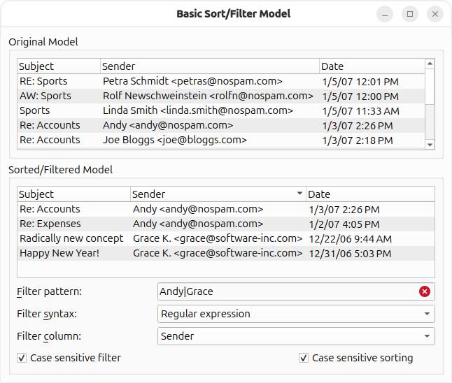 Capture d'écran de l'exemple de modèle de base de tri/filtre
