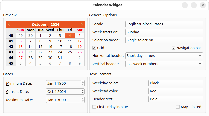 Widget de calendrier affichant divers paramètres de calendrier