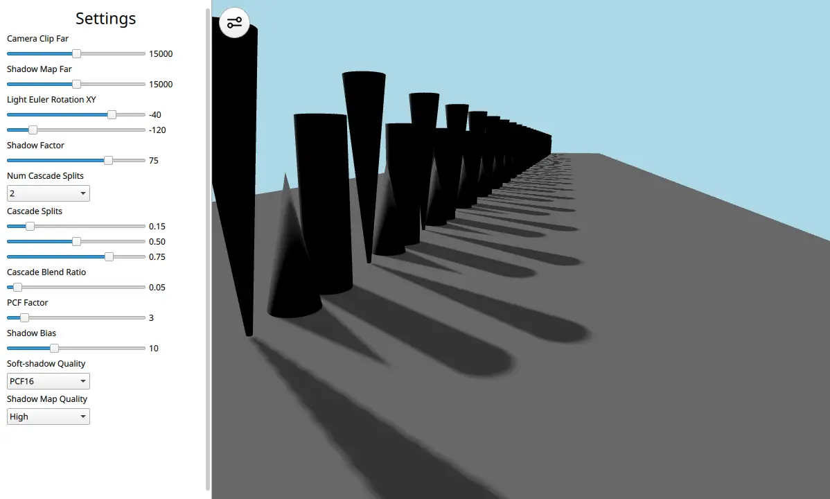 Rangée de cônes et de cylindres noirs projetant de longues ombres avec le panneau des paramètres de la carte des ombres en cascade