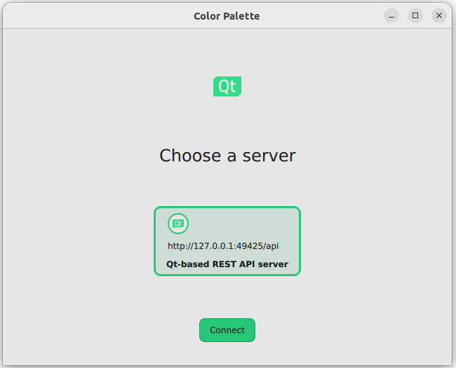 Boîte de dialogue de sélection du serveur avec option de serveur REST API basé sur Qt et bouton Connecter