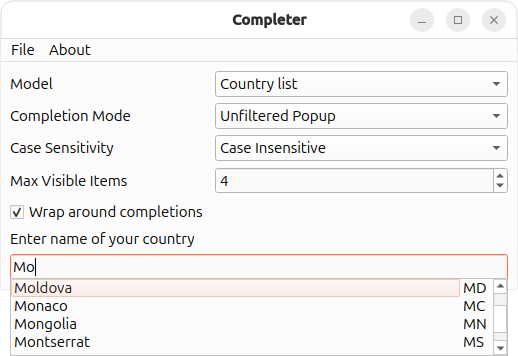 Application montrant le contenu du modèle de liste de pays