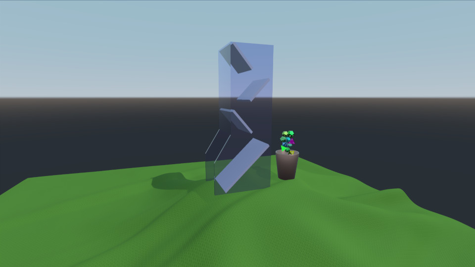 Capture d'écran d'une scène 3D montrant une structure rectangulaire transparente contenant des formes géométriques solides, placée sur un terrain vert avec un petit objet multicolore dans un pot à côté.
