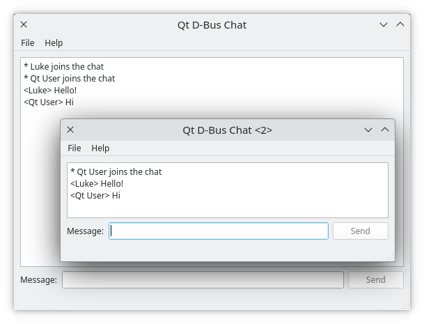 Deux instances de l'exemple D-Bus Chat fonctionnant en même temps.