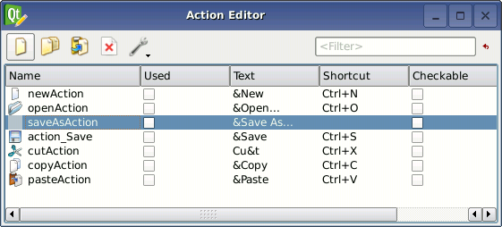 Capture d'écran de l'éditeur d'actions listant toutes les actions d'une barre d'outils Capture d'écran de l'éditeur d'actions listant toutes les actions d'une barre d'outils