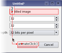 Capture d'écran montrant le mode d'édition des connexions permettant de modifier les signaux entre deux widgets Capture d'écran montrant le mode d'édition des connexions permettant de modifier les signaux entre deux widgets