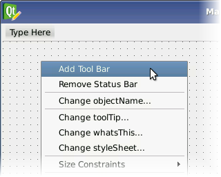 Capture d'écran montrant la possibilité d'ajouter une barre d'outils en cliquant avec le bouton droit de la souris sur l'éditeur d'interface utilisateur. Capture d'écran montrant la possibilité d'ajouter une barre d'outils en cliquant avec le bouton droit de la souris sur l'éditeur d'interface utilisateur.