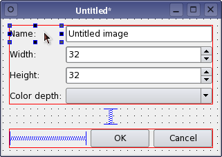 Capture d'écran montrant le mode d'édition de Qt Widgets Designer, permettant de modifier la taille ou la position d'un composant dans une disposition.