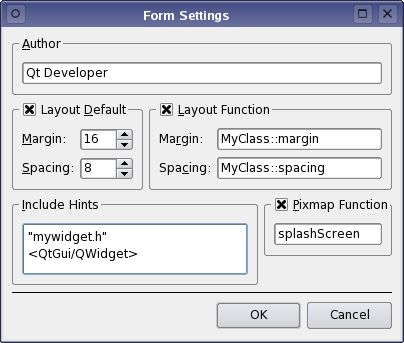Capture d'écran de la fenêtre de paramétrage du formulaire montrant les options de changement d'auteur, de modification de la mise en page par défaut et de la fonction, d'inclusion d'indices et d'ajout de la fonction pixmap.