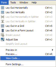 Capture d'écran montrant l'option permettant de visualiser la mise en page en code dans le menu déroulant "Formulaires".
