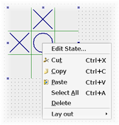 Capture d'écran de l'éditeur de conception montrant un simple widget personnalisé avec un menu contextuel ouvert, mettant en évidence l'option "Editer l'état".