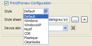 Capture d'écran de la section de configuration de l'impression et de la prévisualisation de Qt Widgets Designer montrant un menu déroulant permettant de sélectionner les styles d'interface, notamment Default, Windows, WindowsXP, etc.