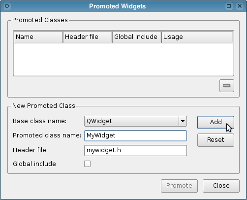 Capture d'écran de la fenêtre Widgets promus montrant les options permettant d'ajouter une classe de widget personnalisée en spécifiant une classe de base, un nom de classe promue et un fichier d'en-tête.
