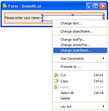 Capture d'écran de l'éditeur de formulaires montrant un éditeur d'étiquettes et de lignes avec l'option en surbrillance de modifier la feuille de style à partir du menu contextuel.