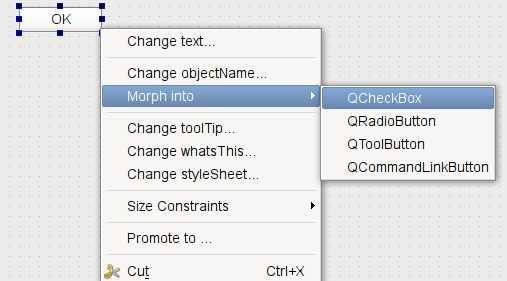 Capture d'écran montrant les options "Morph into" pour un bouton. Elle montre les options de transformation en QCheckbox, QRadioButton, QToolButton et QCommandLinkButton.