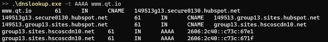Pour effectuer une recherche, spécifiez un nom d'hôte et un type, puis invoquez le slot de recherche Q Dns Lookup.