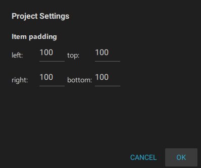 Boîte de dialogue "Project Settings" avec l'espacement des éléments fixé à 100