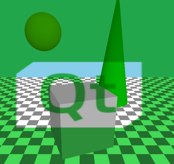 Trois objets 3D différents avec le logo transparent de Qt 3D superposé en tant qu'effet plein écran.