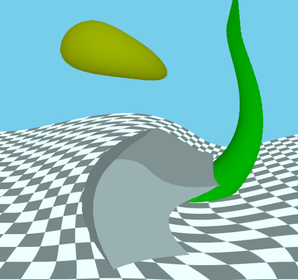 Vue déformée de trois objets 3D différents montrant l'effet vertex shader