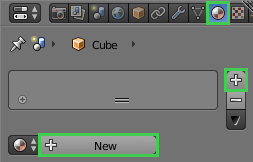 Panneau de propriétés des matériaux de Blender avec le bouton Nouveau en surbrillance Panneau de propriétés des matériaux de Blender avec le bouton Nouveau en surbrillance