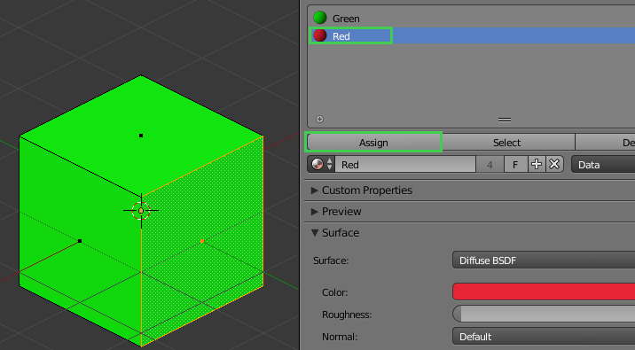 La fenêtre de visualisation de Blender montre un cube vert avec le panneau des propriétés des matériaux. La fenêtre de visualisation de Blender montre un cube vert avec le panneau des propriétés des matériaux.