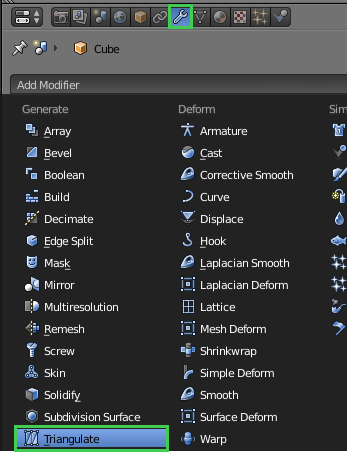 Menu Blender Add Modifier avec l'option Triangulate en surbrillance Menu Blender Add Modifier avec l'option Triangulate en surbrillance