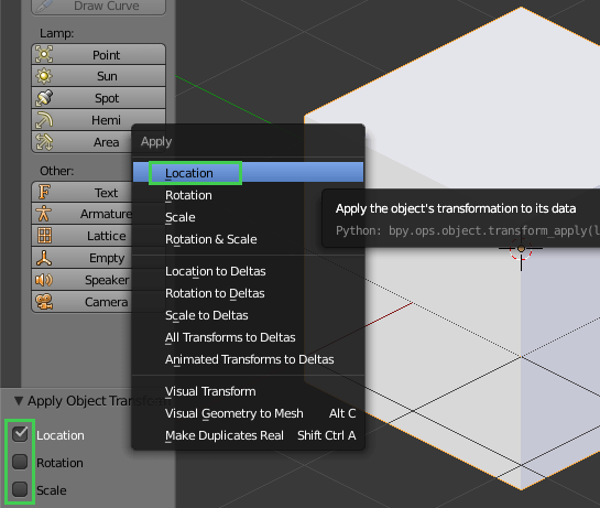 Le menu Apply de Blender affiche l'option Location Le menu Apply de Blender affiche l'option Location