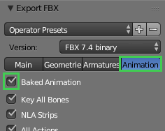 Paramètres d'exportation FBX de Blender avec l'option Baked Animation cochée Paramètres d'exportation FBX de Blender avec l'option Baked Animation cochée