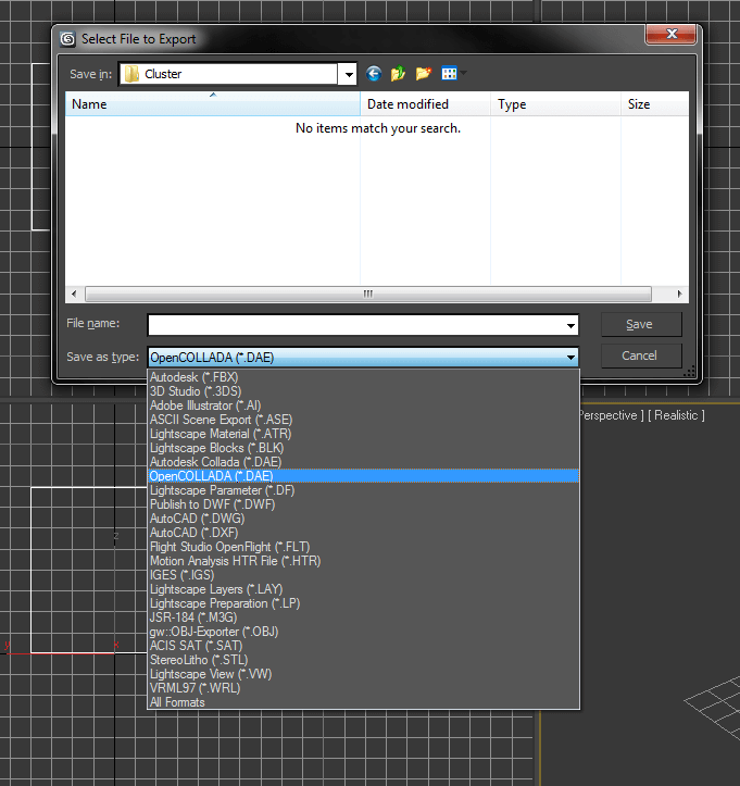 Dialogue d'exportation de fichiers 3ds Max avec le format OpenCOLLADA sélectionné