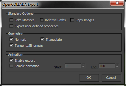 Dialogue d'exportation 3ds Max OpenCOLLADA avec l'option Triangulation cochée